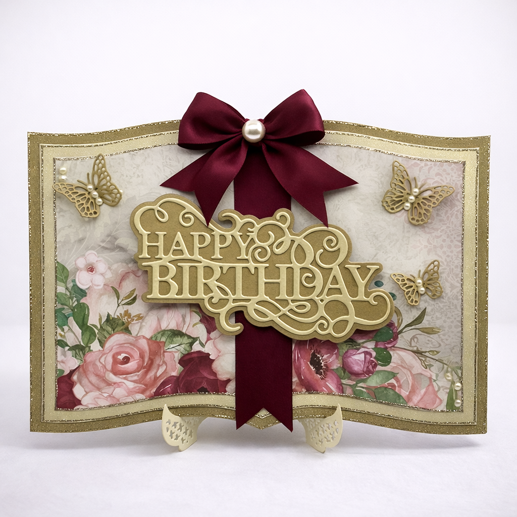 Luxury Handmade Book-Style Birthday Card – Gold, Burgundy & Floral Design