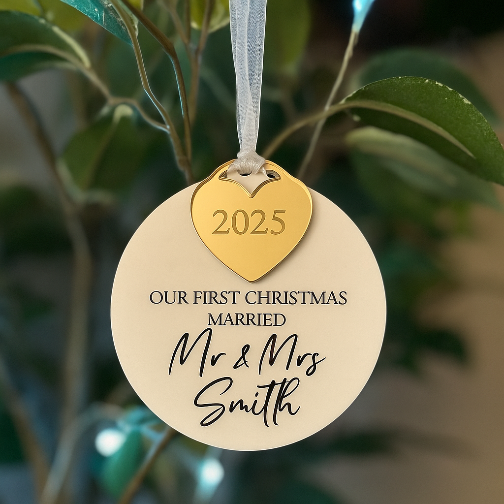 Personalized Christmas ornament with '2025 Our First Christmas Married Mr & Mrs Smith' text, hanging on a tree.