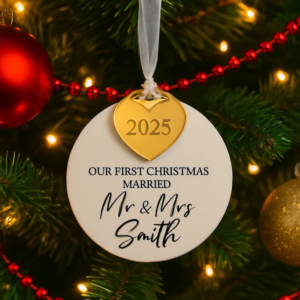 Personalized Christmas ornament for 'Our First Christmas Married Mr & Mrs Smith' with a gold heart tag on a decorated tree.