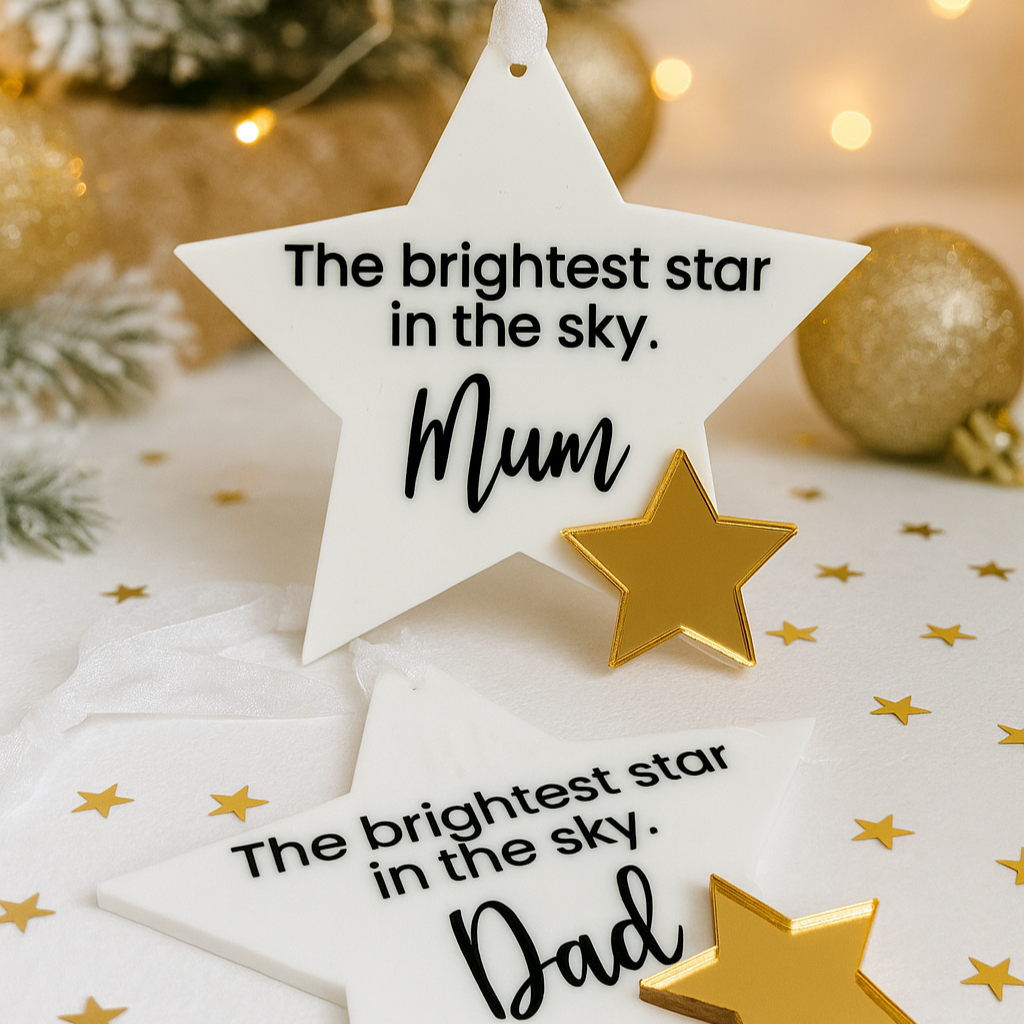 Star-shaped ornaments with 'The brightest star in the sky. Mum' and 'Dad' text on a festive background.