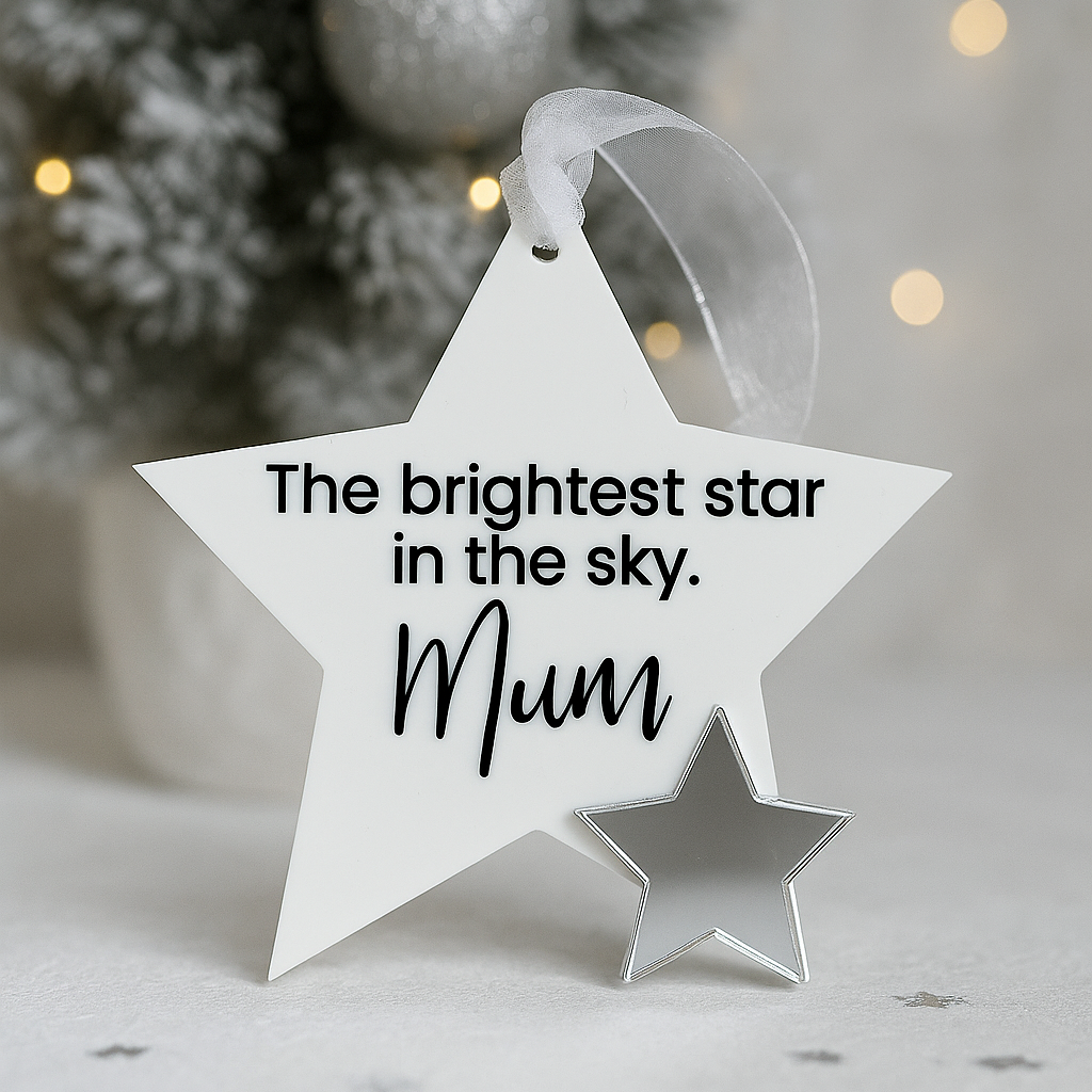 Star-shaped ornament with 'The brightest star in the sky. Mum' text against a festive background.