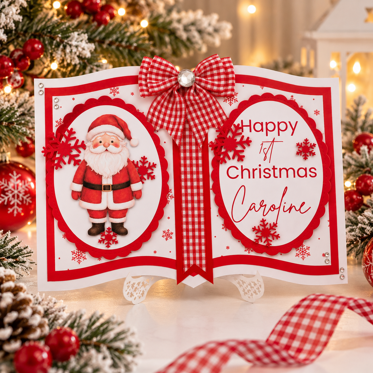 A festive first birthday Christmas pop-up card displayed on a small white easel. The card is designed like an open book with red and white gingham ribbon accents, a red bow, and a 3D Santa Claus figure on the left page.