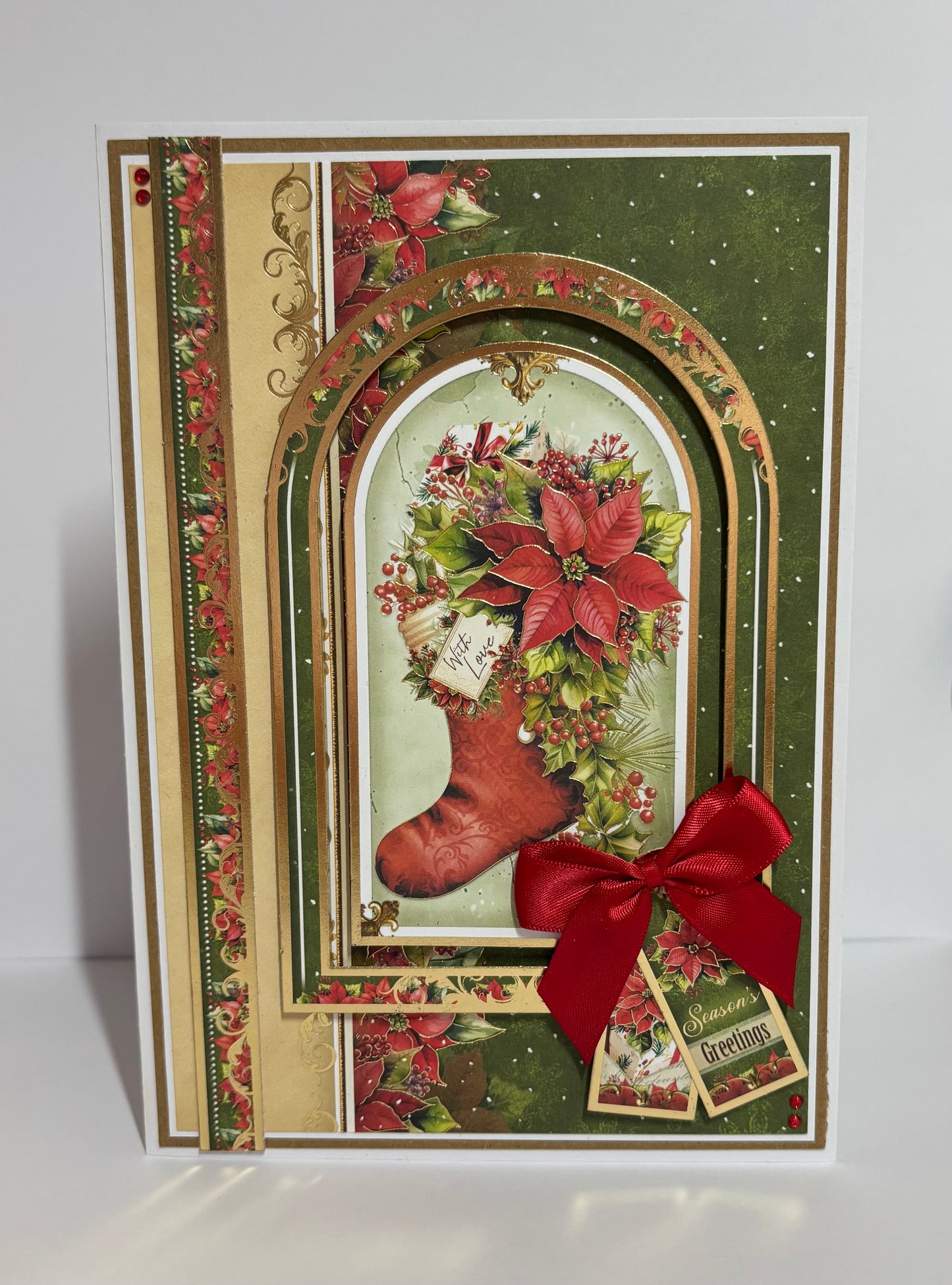 Handmade Christmas Greeting Card – Stocking & Poinsettia Design