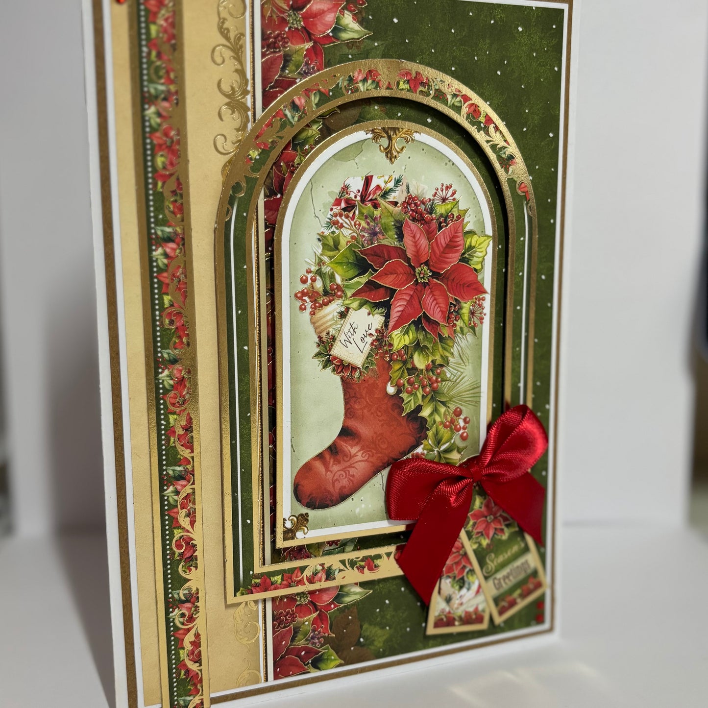 Handmade Christmas Greeting Card – Stocking & Poinsettia Design