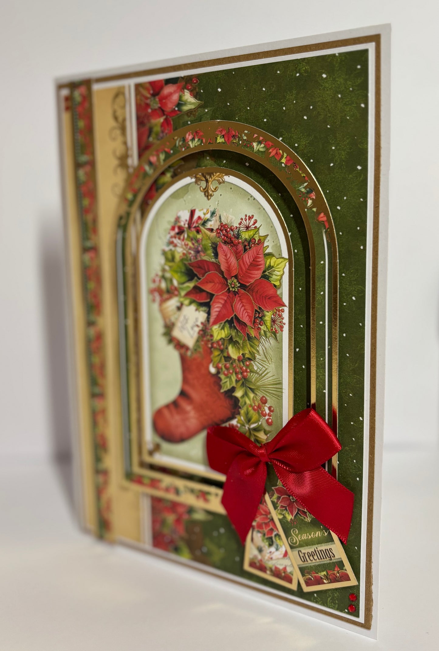Handmade Christmas Greeting Card – Stocking & Poinsettia Design