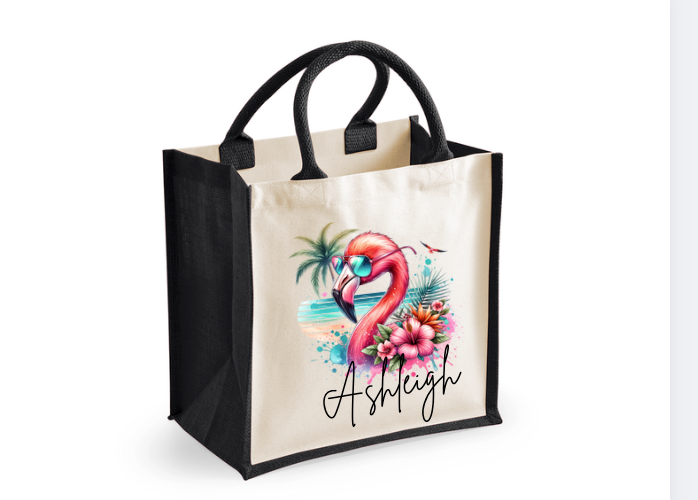 Personalised Flamingo Premium Jute Tote Bag