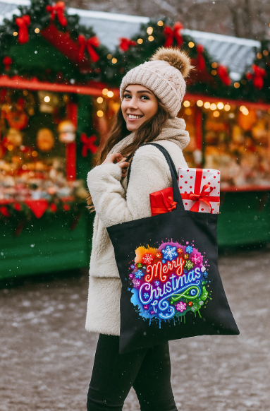 Woman holding a black tote bag with colorful 'Merry Christmas' design at a festive market.