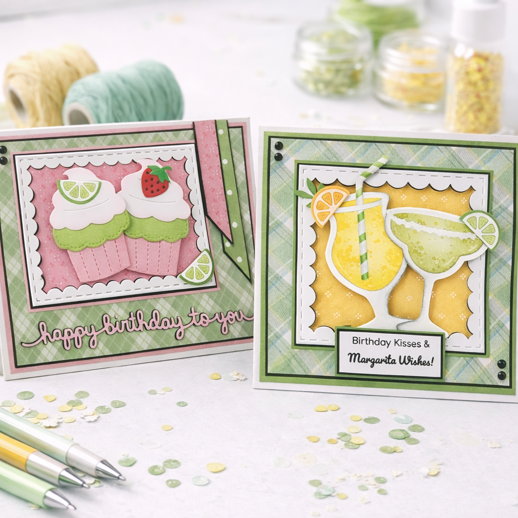 Two birthday cards with decorative elements on a table with confetti and pens.