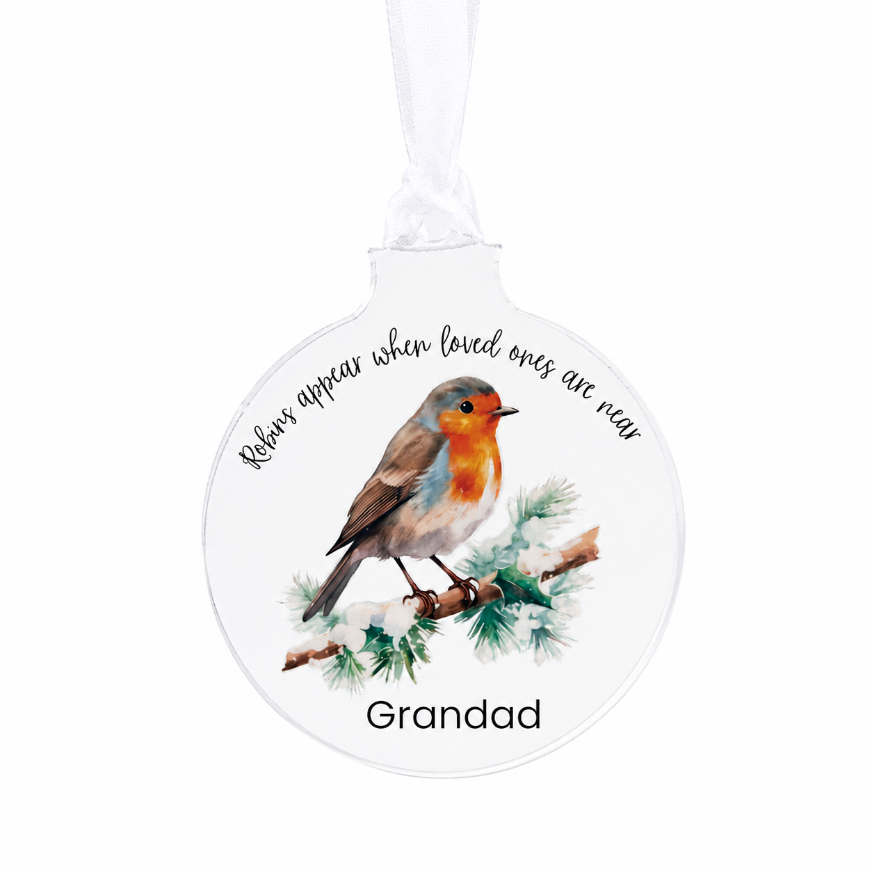 Round decorative ornament with a robin illustration and text on a white background
