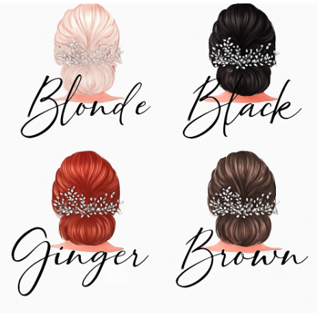 Illustrations of four hair bun styles in different colors with corresponding text labels.