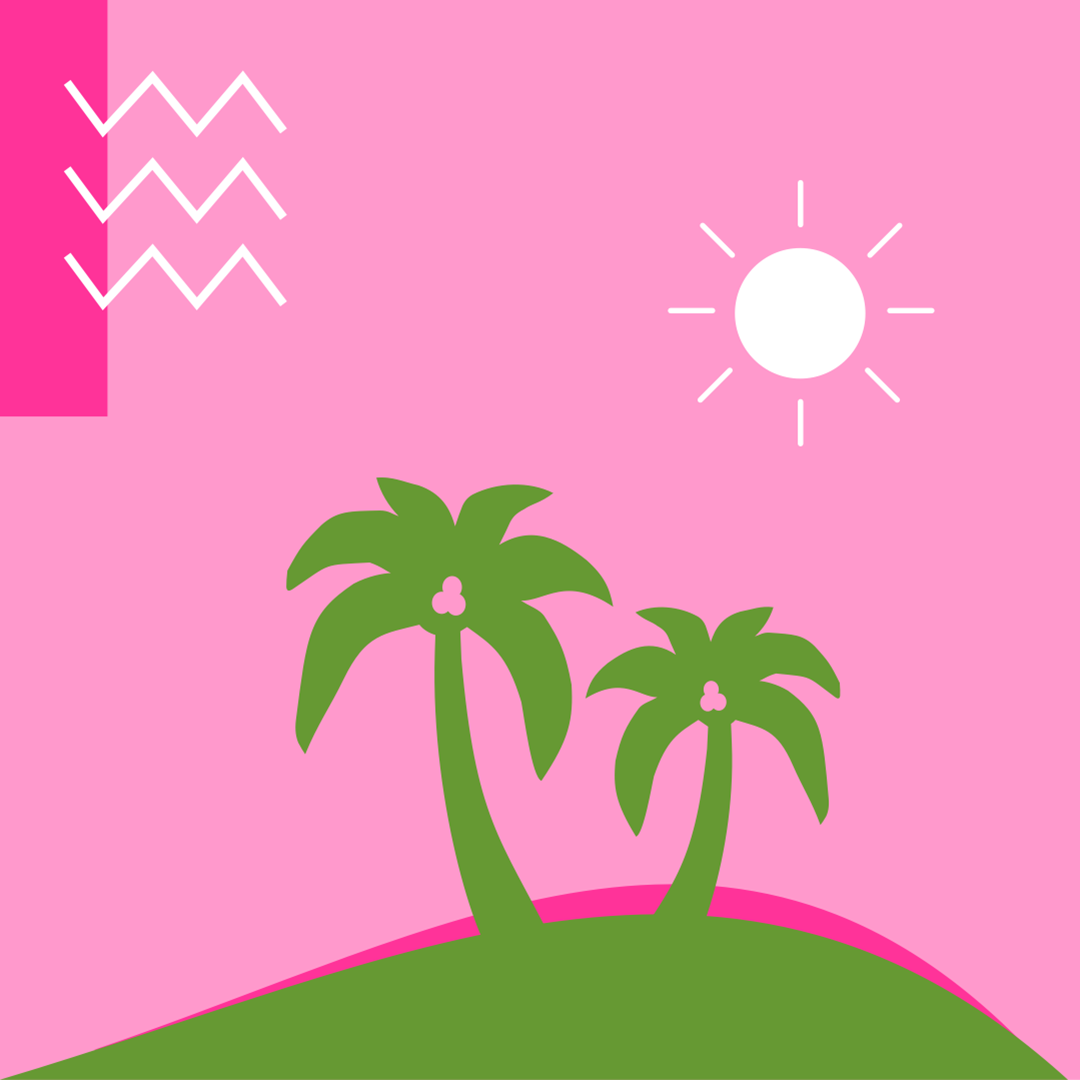 Cartoon picture of two green palm trees on a small island with a pink background and white sun