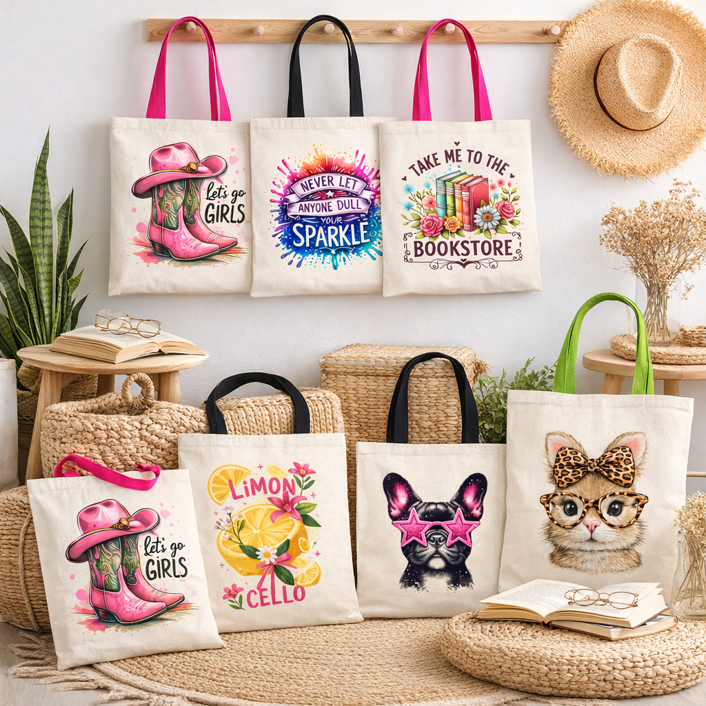 Collection of tote bags with various designs on a decorative setting with books and plants.