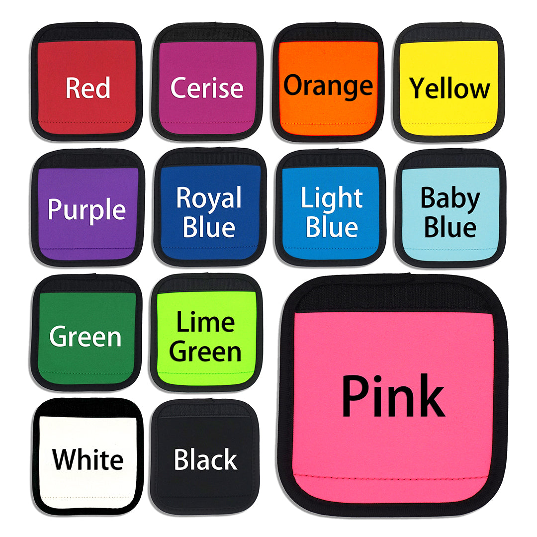 13 different coloured luggage handle covers laid out in a grid with the names of the colours on each one, to demonstrate how the luggage handle covers look with text on them