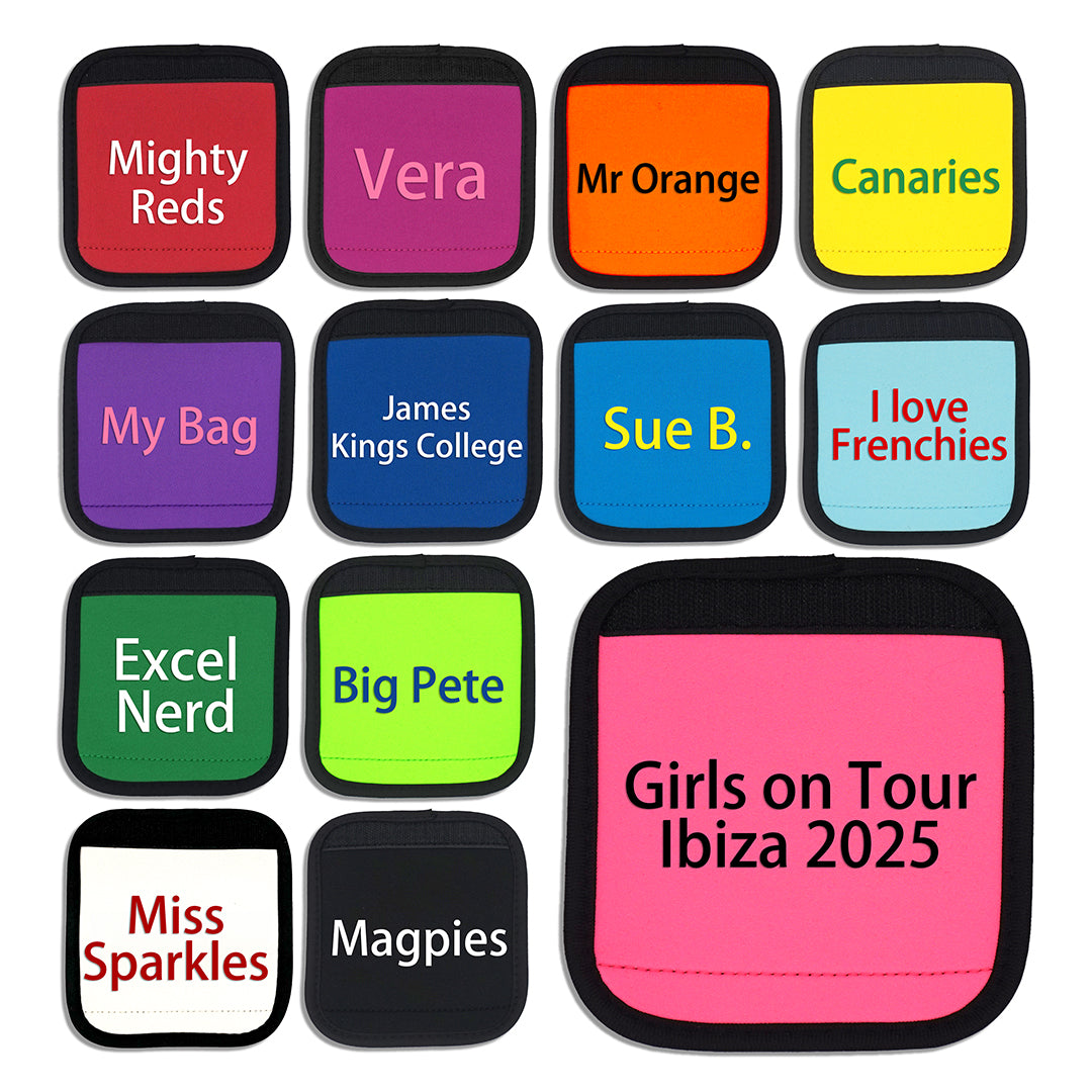 An alternative version of the grid of luggage handle covers, this time showing some fun ways in which the luggage handle covers could be personalised. The image features different coloured text on the various coloured handle covers. The largest one features "Girls on Tour - Ibiza 2025" in black text on a pink luggage handle cover