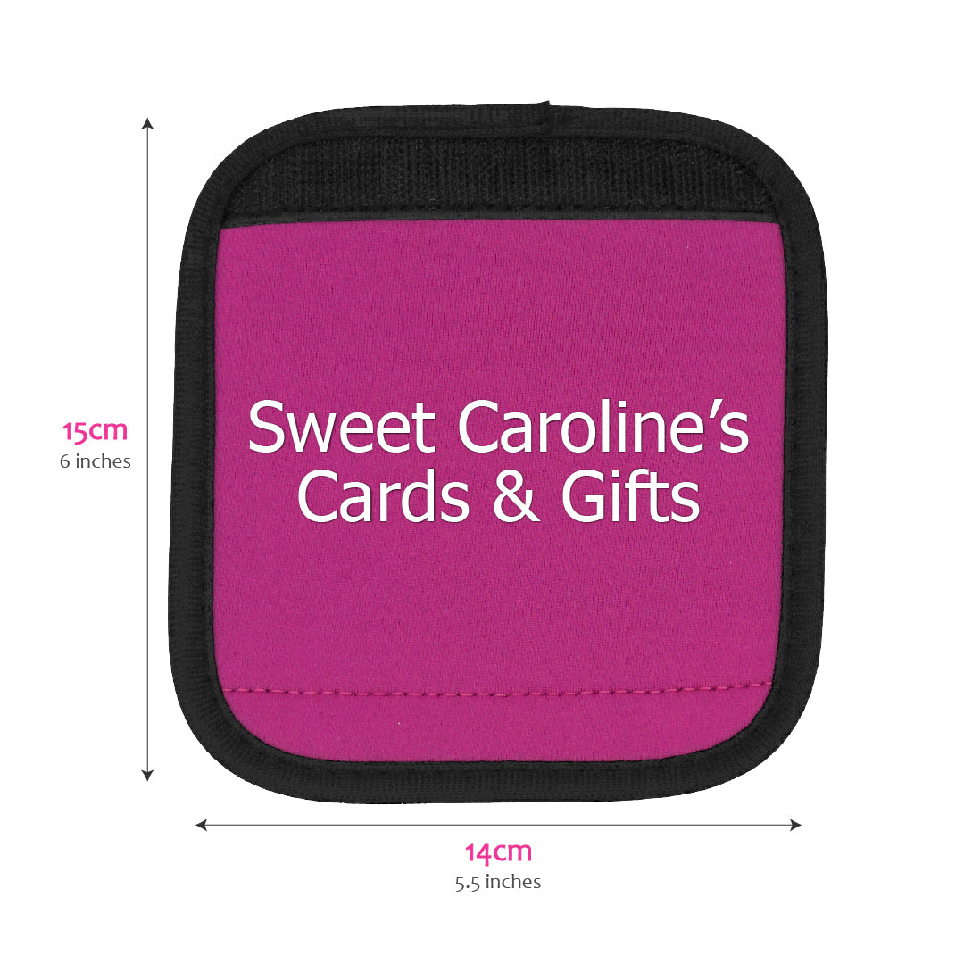 Cerise luggage handle cover showing the length and width of the luggage handle covers - 15cm x 14cm or 6in x 5.5in. The text on the luggage handle cover reads "Sweet Caroline's Cards & Gifts" to demonstrate how two lines of text might look.