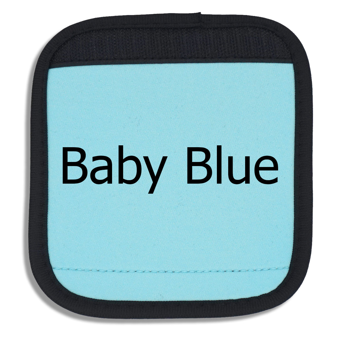 Baby Blue luggage handle cover close-up with "Baby Blue" written across the front to demonstrate how it looks with printed text