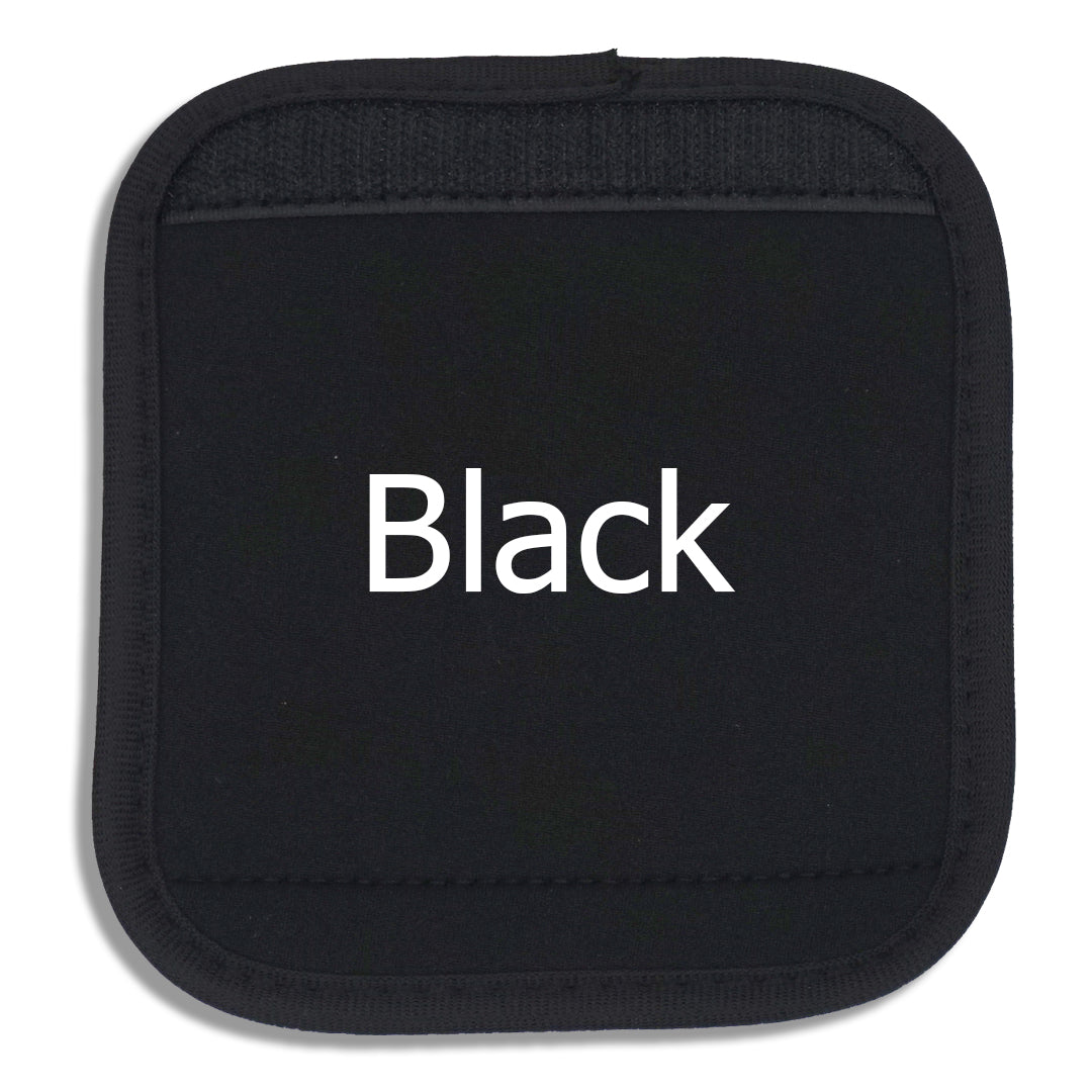 Black luggage handle cover close-up with "Black" written across the front to demonstrate how it looks with printed text