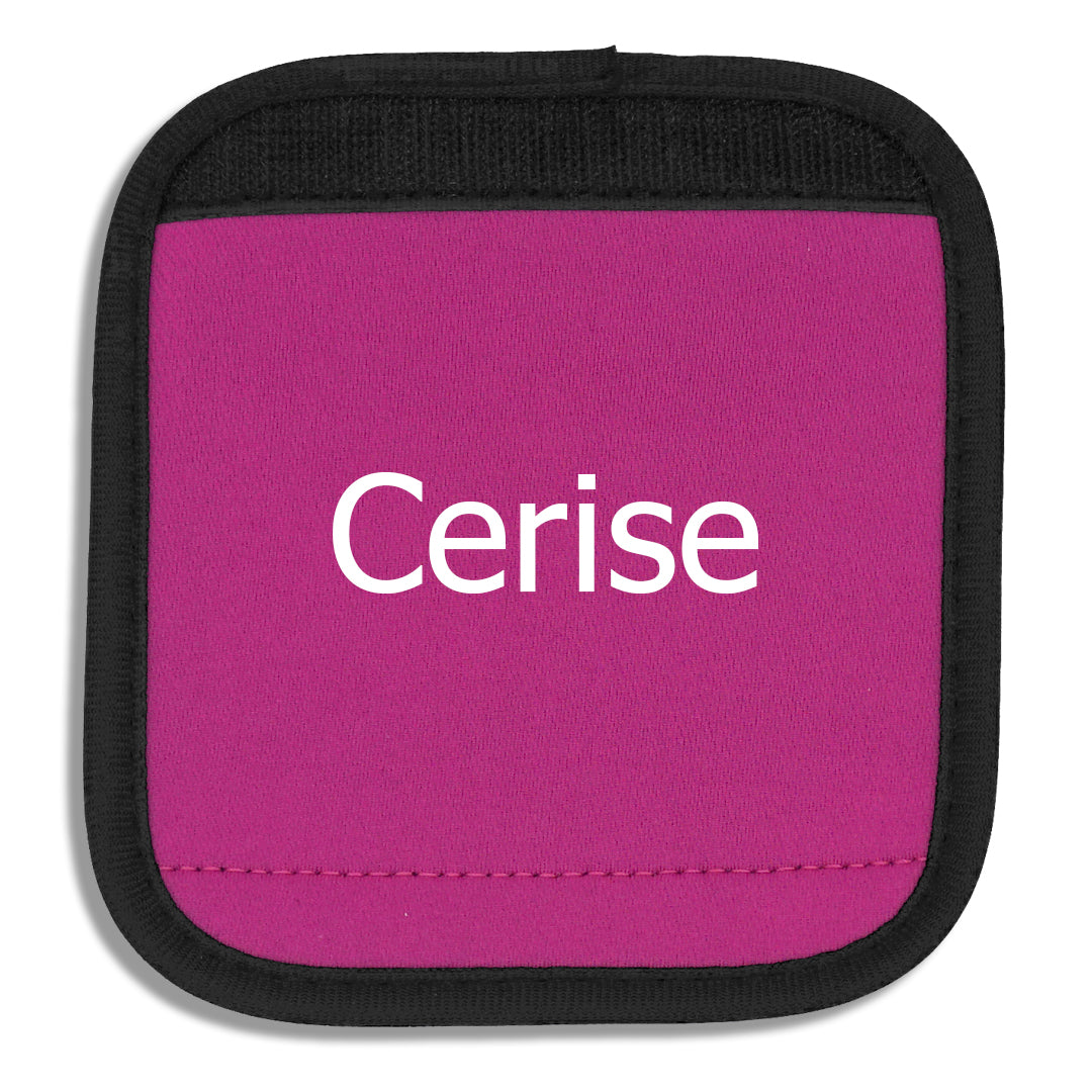 Cerise luggage handle cover close-up with "Cerise" written across the front to demonstrate how it looks with printed text