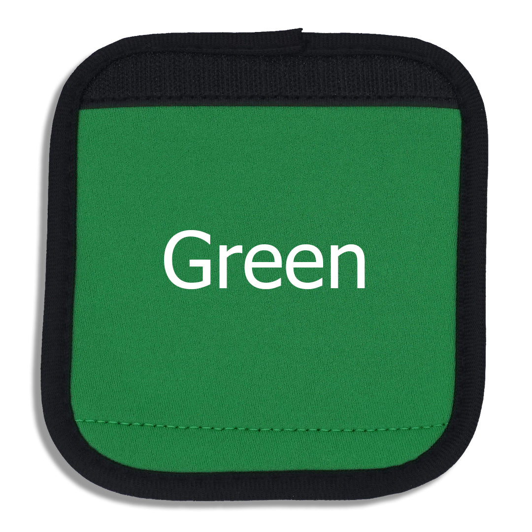 Green luggage handle cover close-up with "Green" written across the front to demonstrate how it looks with printed text