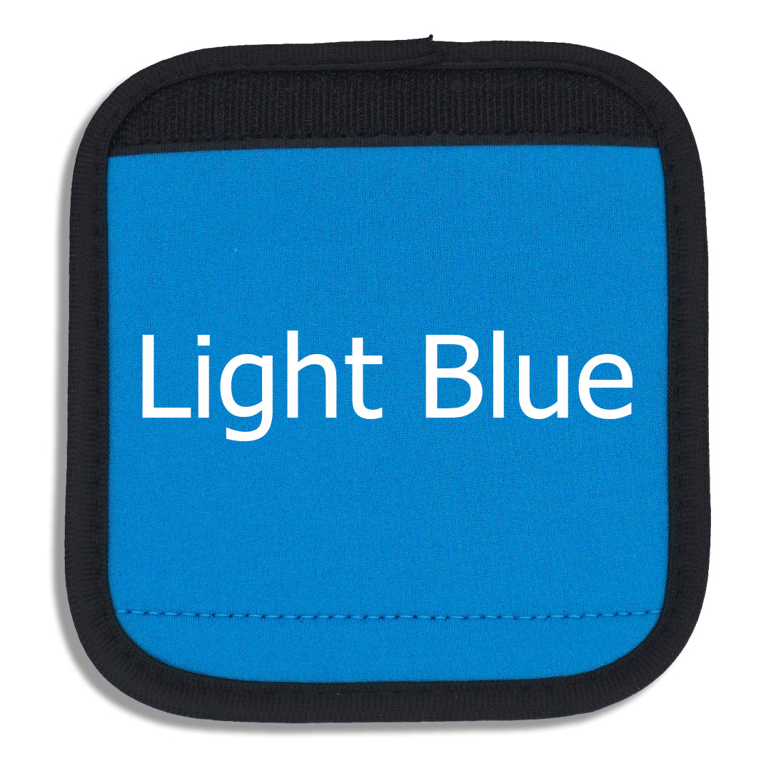 Light Blue luggage handle cover close-up with "Light Blue" written across the front to demonstrate how it looks with printed text
