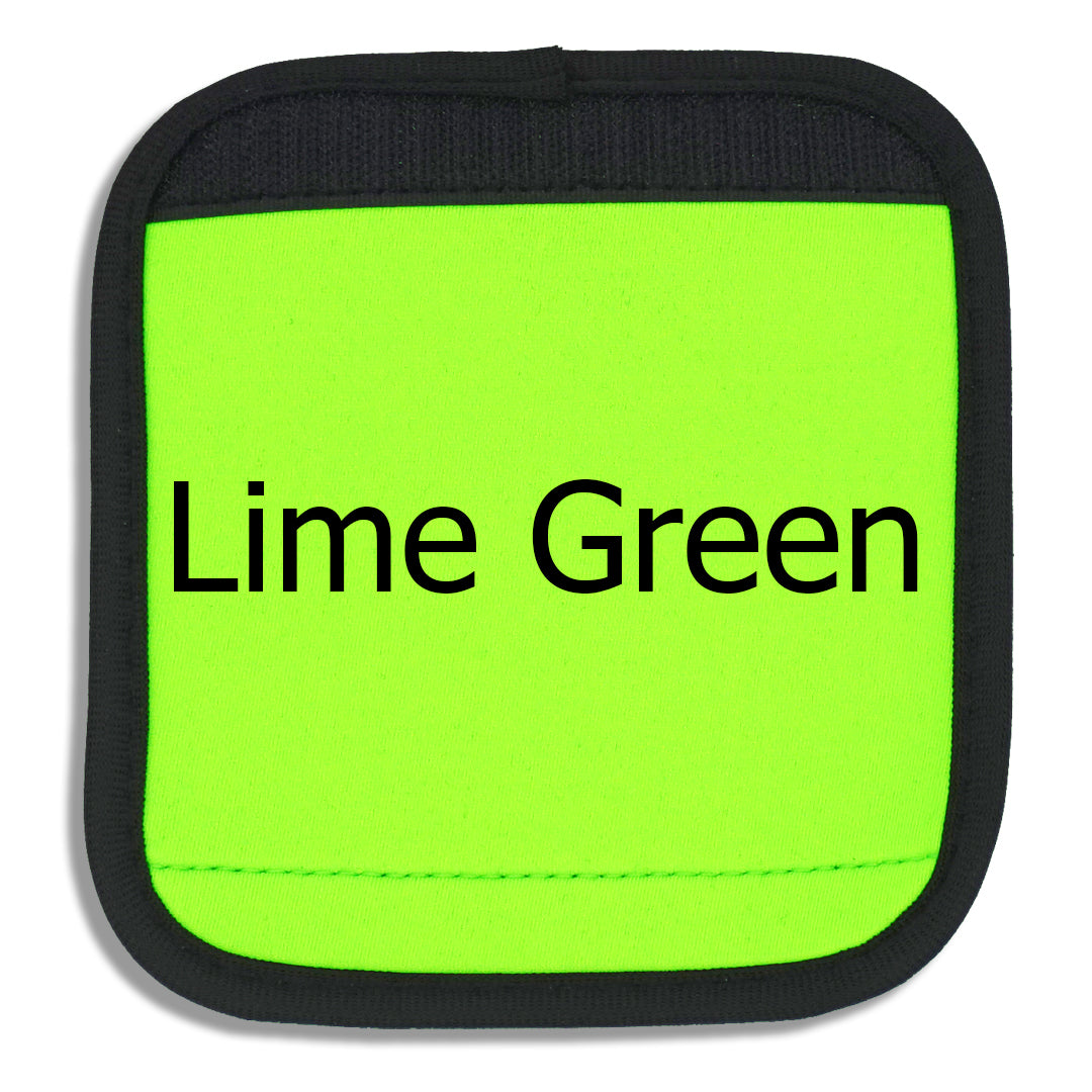 Lime Green luggage handle cover close-up with "Lime Green" written across the front to demonstrate how it looks with printed text