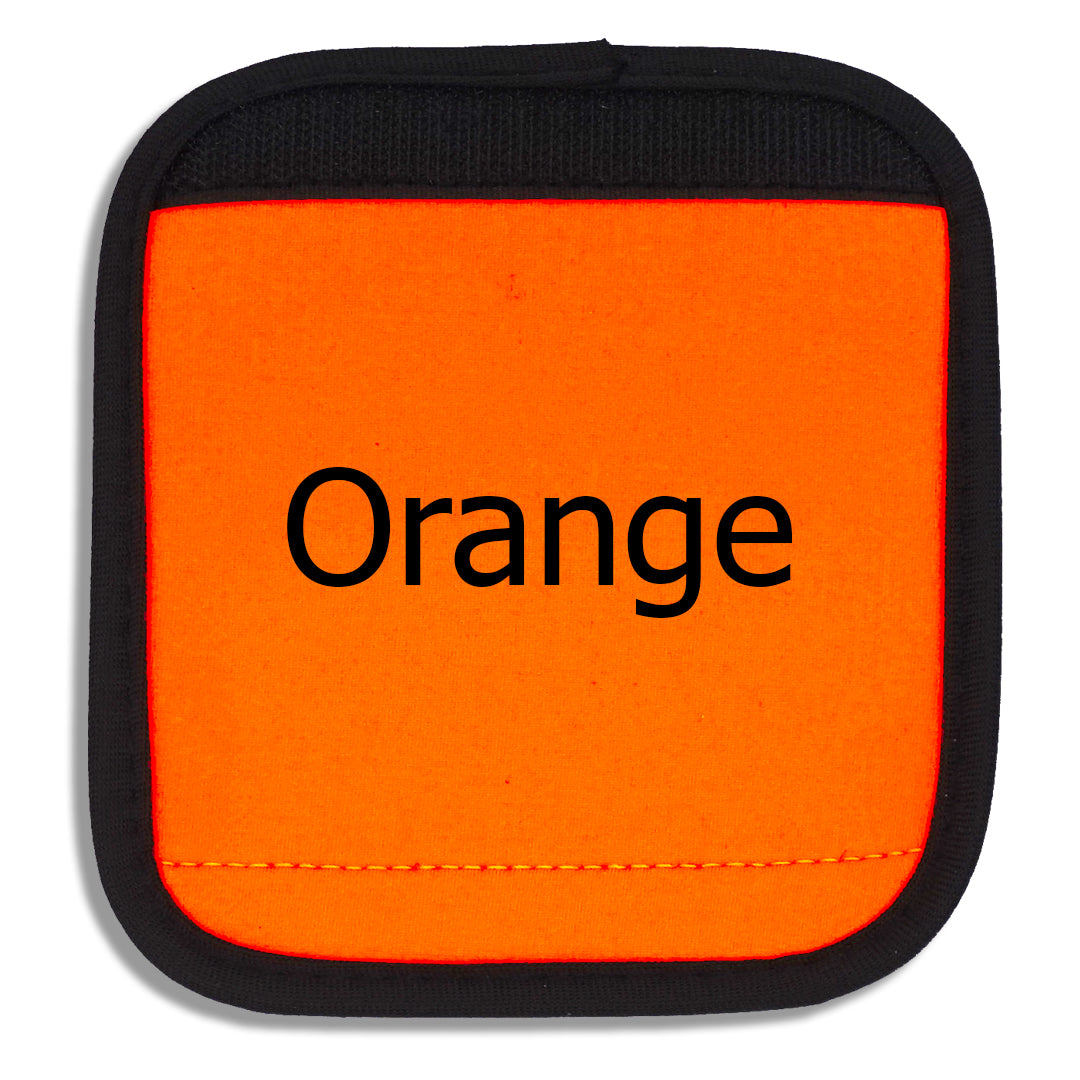 Orange luggage handle cover close-up with "Orange" written across the front to demonstrate how it looks with printed text