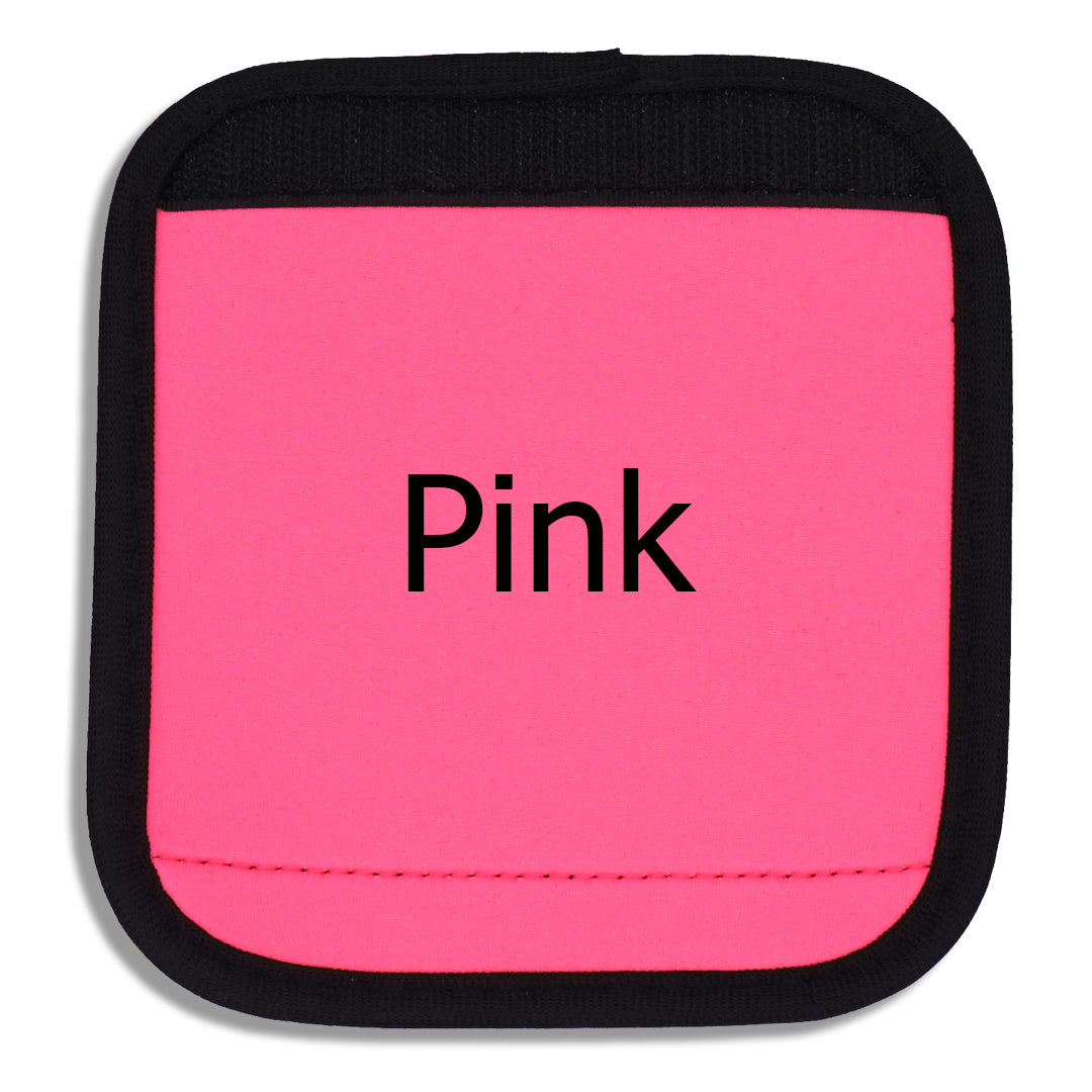 Pink luggage handle cover close-up with "Pink" written across the front to demonstrate how it looks with printed text