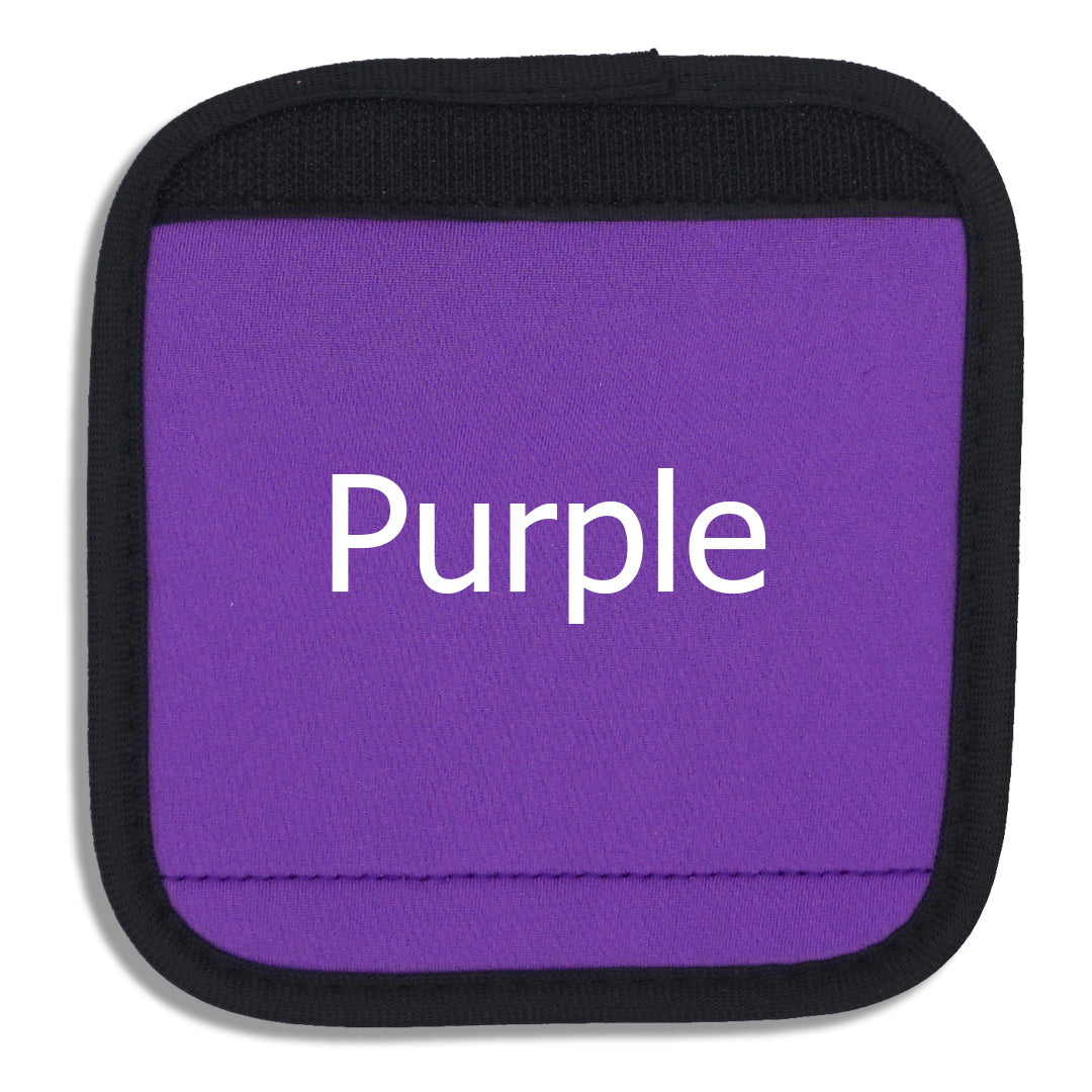 Purple luggage handle cover close-up with "Purple" written across the front to demonstrate how it looks with printed text