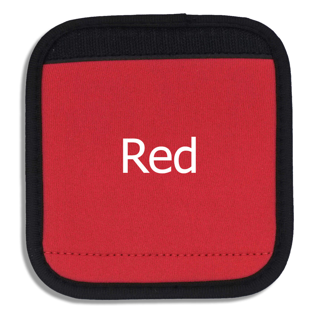 Red luggage handle cover close-up with "Red" written across the front to demonstrate how it looks with printed text