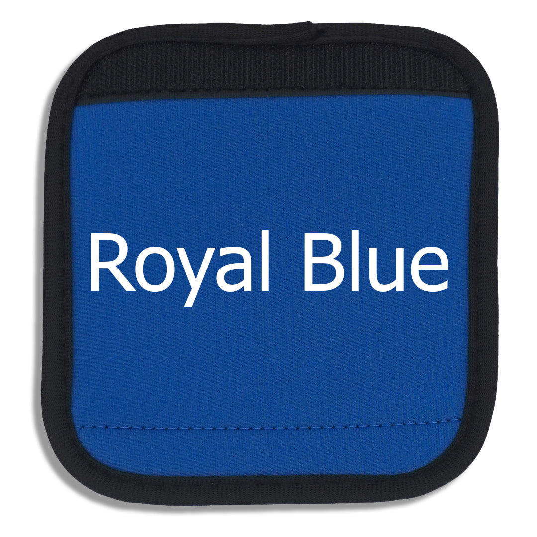 Royal Blue luggage handle cover close-up with "Royal Blue" written across the front to demonstrate how it looks with printed text