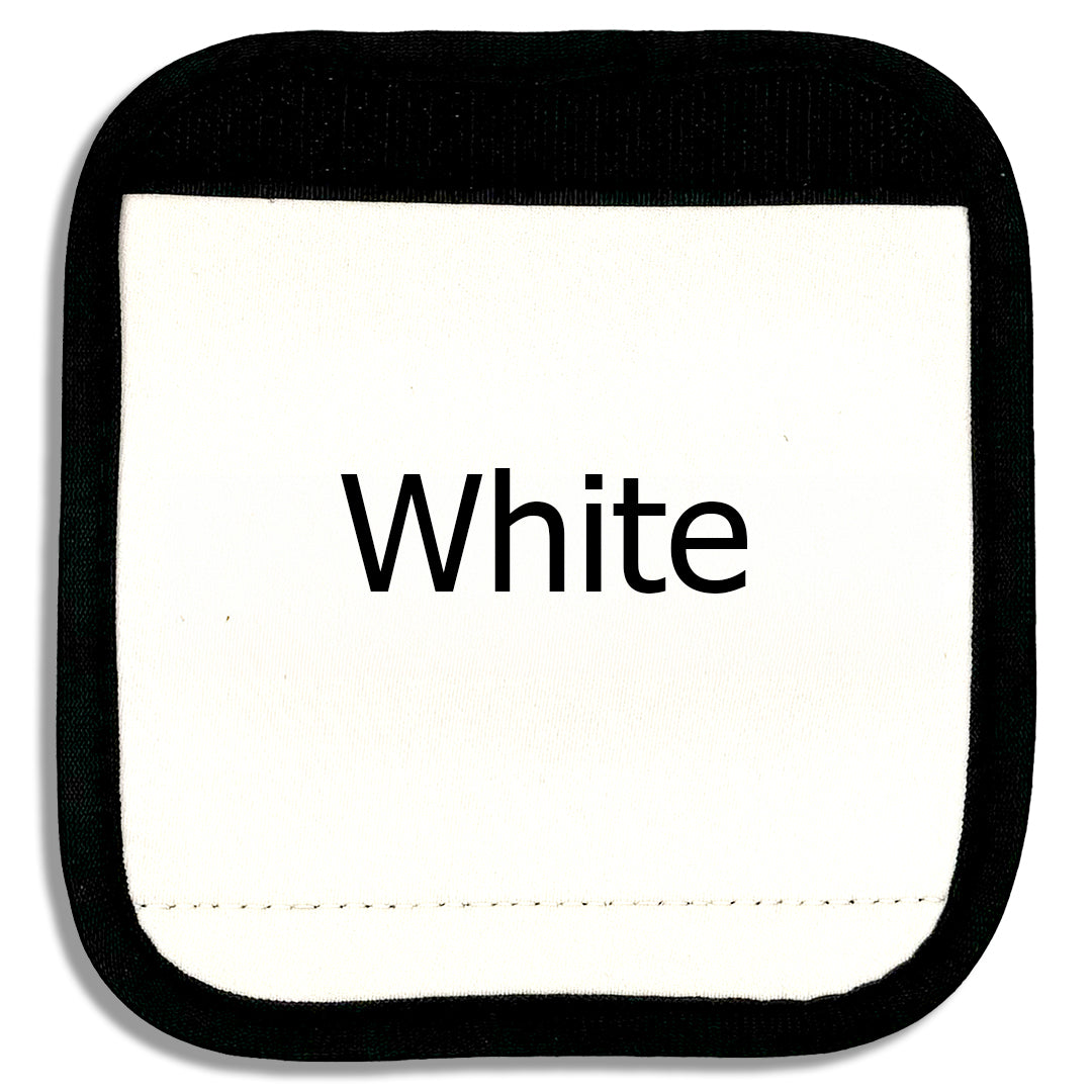 White luggage handle cover close-up with "White" written across the front to demonstrate how it looks with printed text