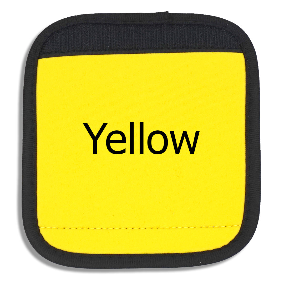 Yellow luggage handle cover close-up with "Yellow" written across the front to demonstrate how it looks with printed text