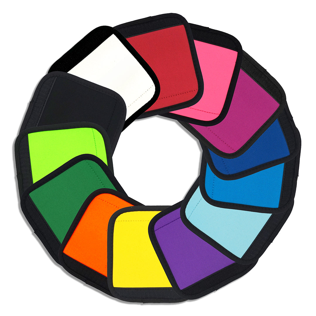 13 different coloured luggage handle covers arranged in a circle shape