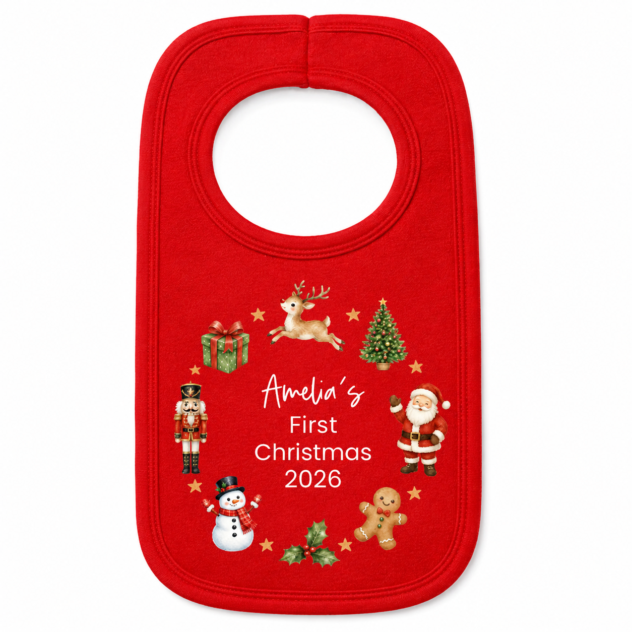 A red baby bib with a circular neck opening, decorated with Christmas illustrations including a reindeer, nutcracker, snowman, gingerbread man, Santa Claus, and a tree, with the personalized text 'Amelia's First Christmas 2026' in the center.