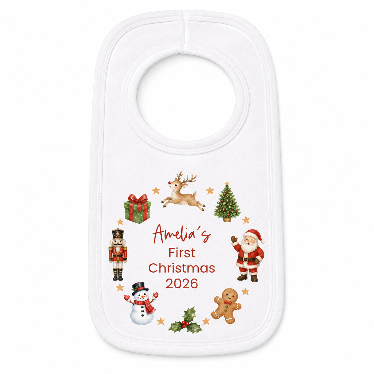 A white baby bib with a personalized Christmas design, featuring illustrations of Santa Claus, a reindeer, a nutcracker, a snowman, a gingerbread man, a Christmas tree, and a gift box around the text 'Amelia's First Christmas 2026'.
