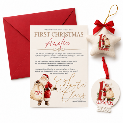 First Christmas documentation with Santa Claus illustration, red envelope, and star-shaped ornament on a white background.