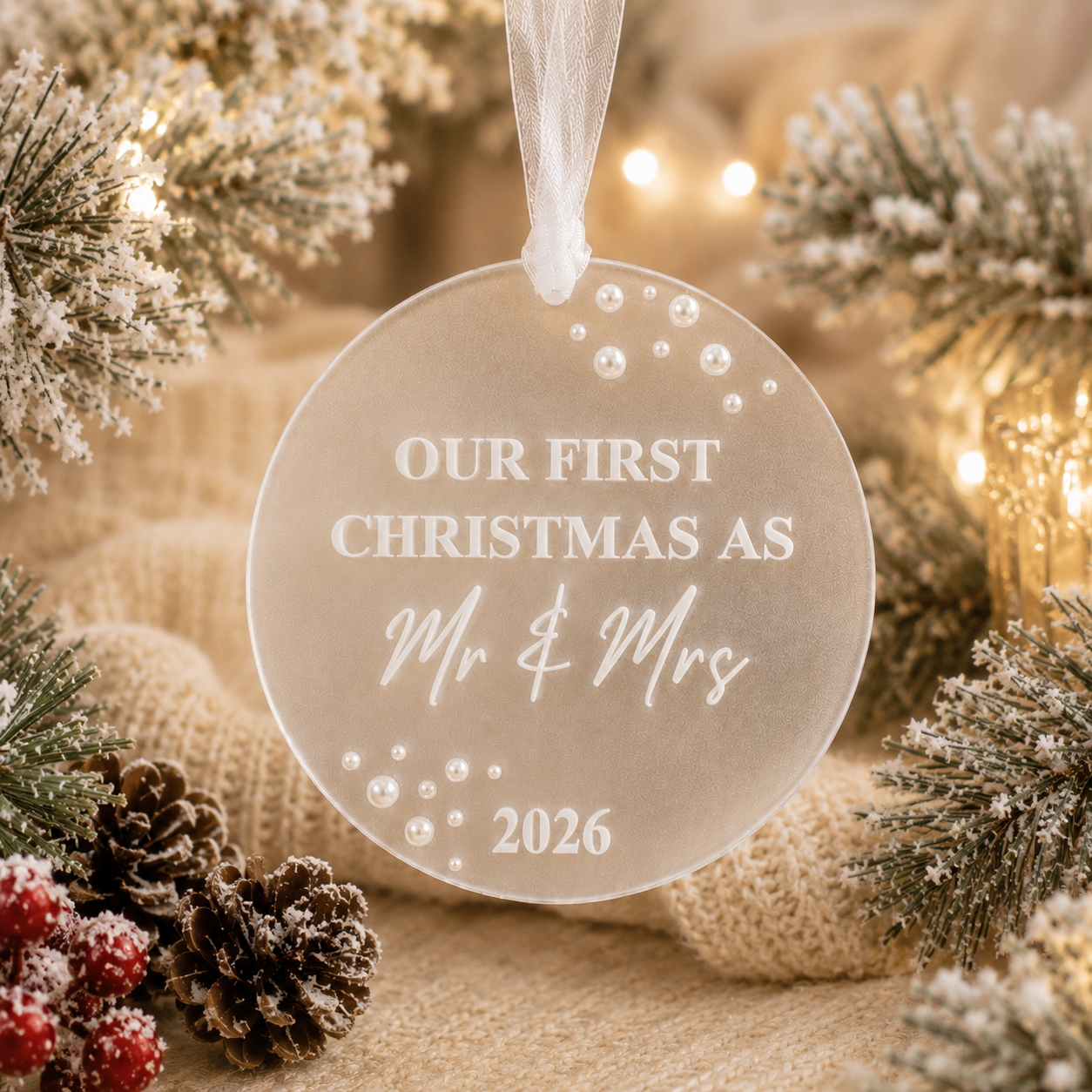 A round frosted glass Christmas ornament hanging from a white ribbon, with the text 'OUR FIRST CHRISTMAS AS Mr. & Mrs.