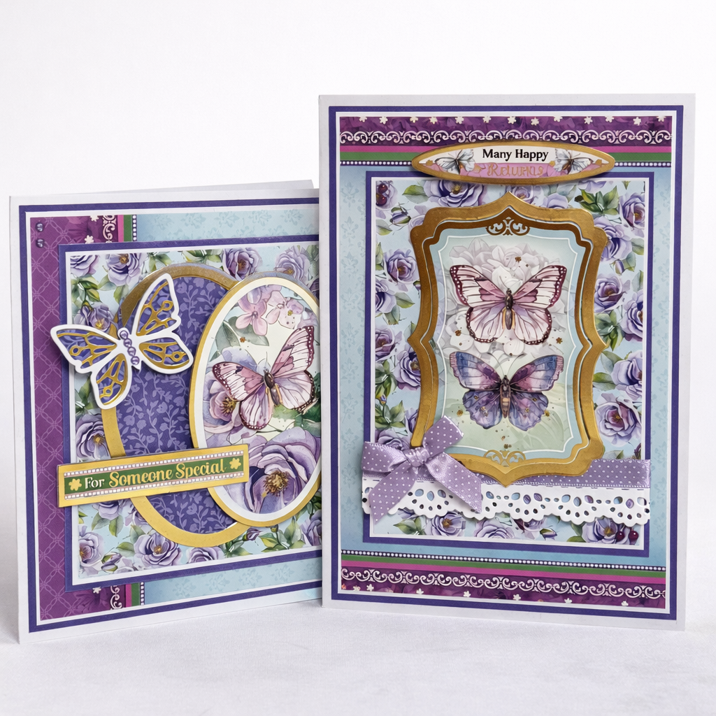 Two decorative greeting cards with butterfly designs on a white background