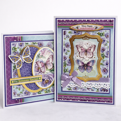 Two decorative greeting cards with butterfly designs on a white background