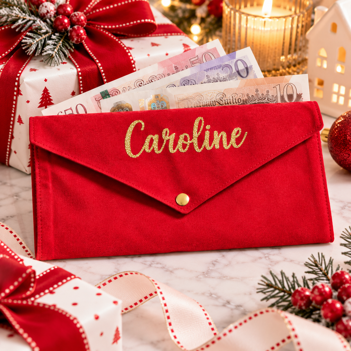 A red velvet envelope-style wallet or clutch with gold glitter script reading 'Caroline' and a gold snap closure, styled on a marble surface with Christmas decorations, wrapped gifts, candles, and banknotes.