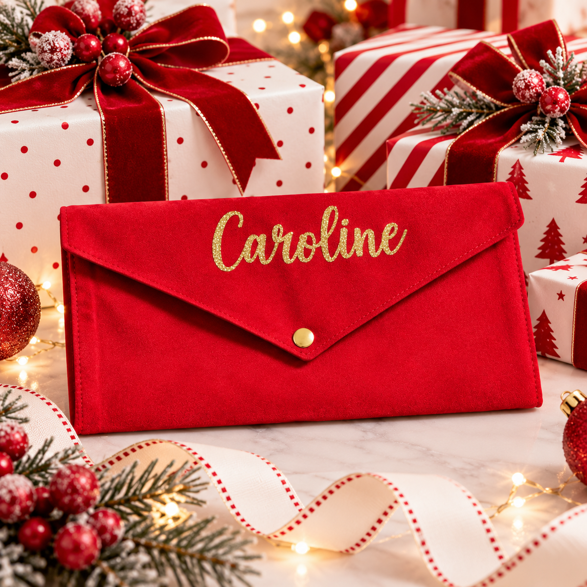 A personalized red velvet envelope-style clutch with gold glitter script reading 'Caroline' and a gold snap button, styled on a marble surface with Christmas gift boxes, ornaments, and holiday lights.