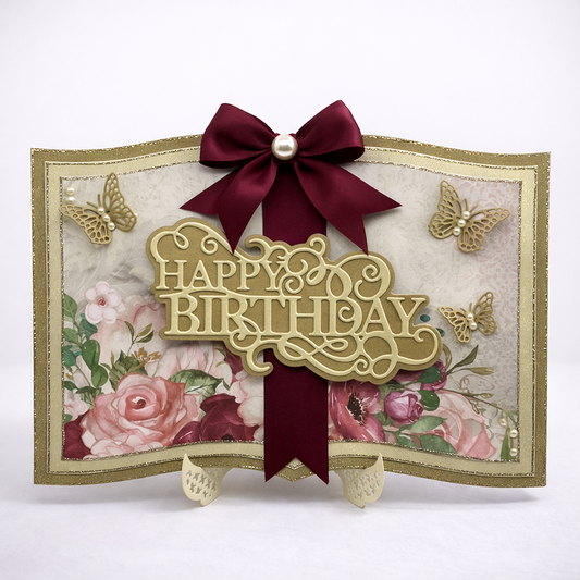 Luxury Handmade Book-Style Birthday Card – Gold, Burgundy & Floral Design
