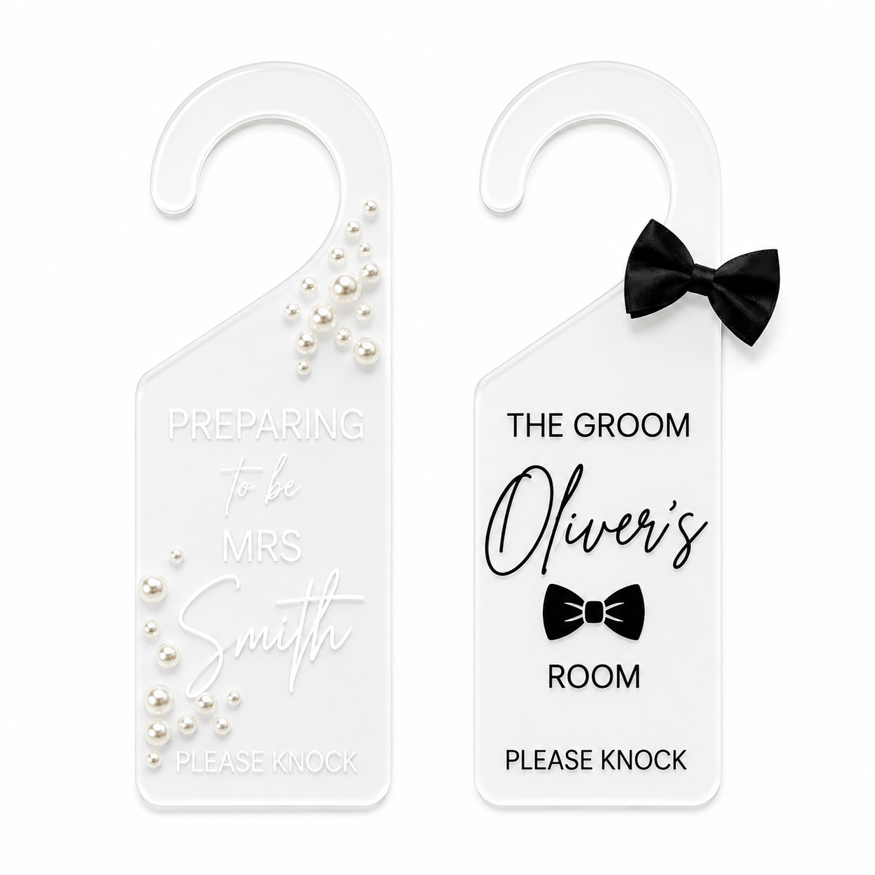Personalised Bride & Groom Frosted Acrylic Door Hanger Set