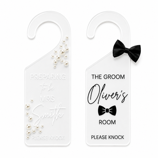 Personalised Bride & Groom Frosted Acrylic Door Hanger Set