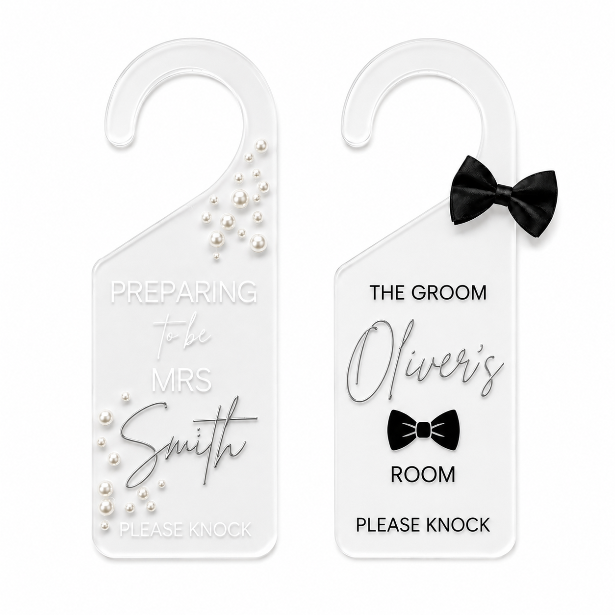 Two personalized white plastic door hangers shown side by side on a white background. The left hanger is for 'Preparing to be Mrs.