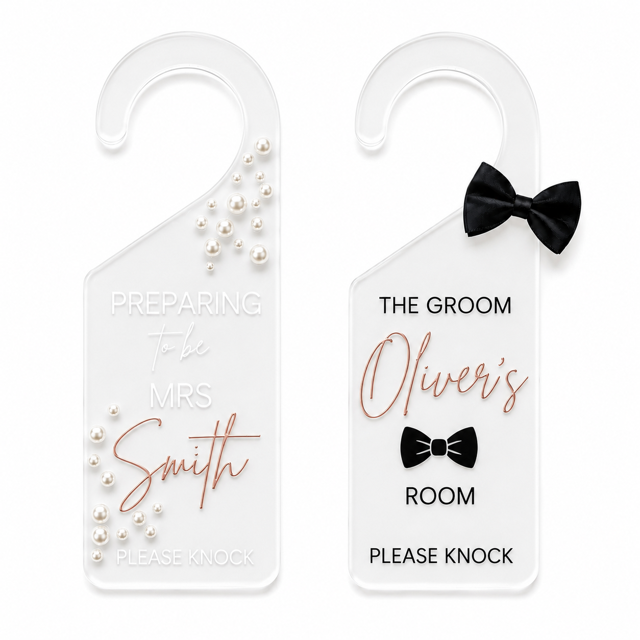 Two personalized transparent hanger door signs on a white background. The left sign is for 'Mrs.