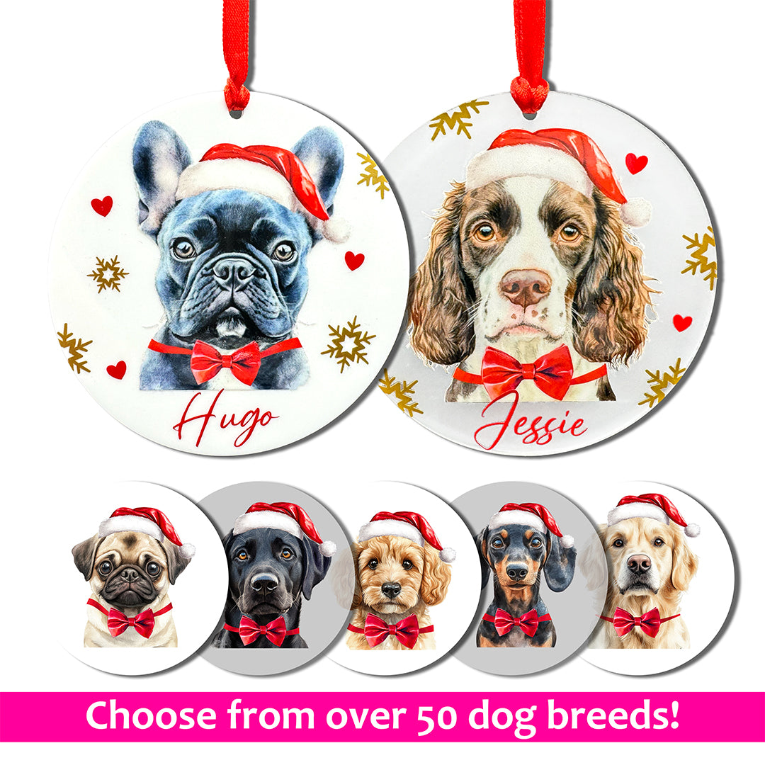 Personalised Dog in Santa Hat Christmas Decoration - 53 Breeds!