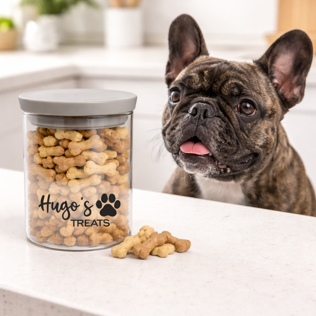 Dog looking at a treat jar labeled 'Hugo's Treats' on a kitchen counter.