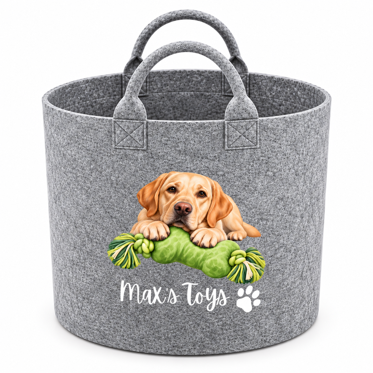 A gray felt pet toy basket with two handles, featuring a printed graphic of a golden retriever puppy playing with a green rope toy and the text 'Max's Toys' with a paw print.