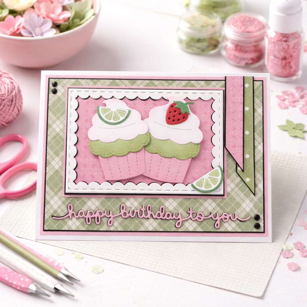 Handmade birthday card with cupcake design and decorative elements on a crafting table.